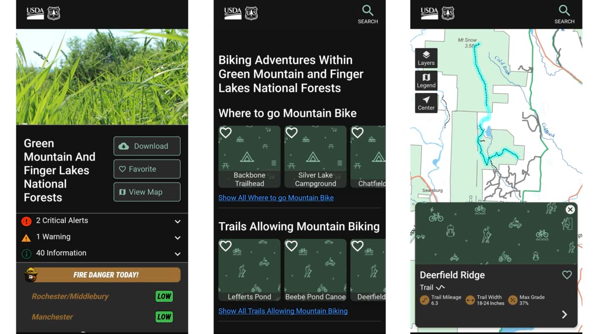 Three app screens showing Green Mountain and Finger Lakes National Forests home page, mountain biking trail list, and Deerfield Ridge trail map with stats.