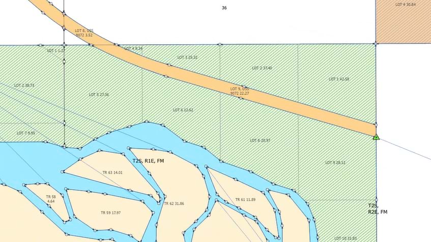 Cadastral map showing an orange right-of-way corridor crossing island terrain with blue river traverse parcels and numbered lot acreages.