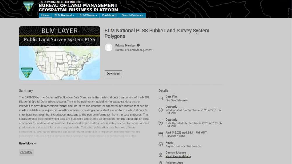 Screenshot of the BLM Geospatial Business Platform webpage showing the PLSS National Polygons layer download page.