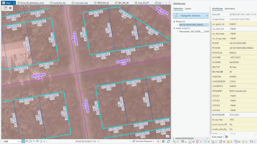 Alaska parcel fabric at 1:640 scale showing a remainder lot with full attribute data including PLSS ID, coordinates, and BLM steward.