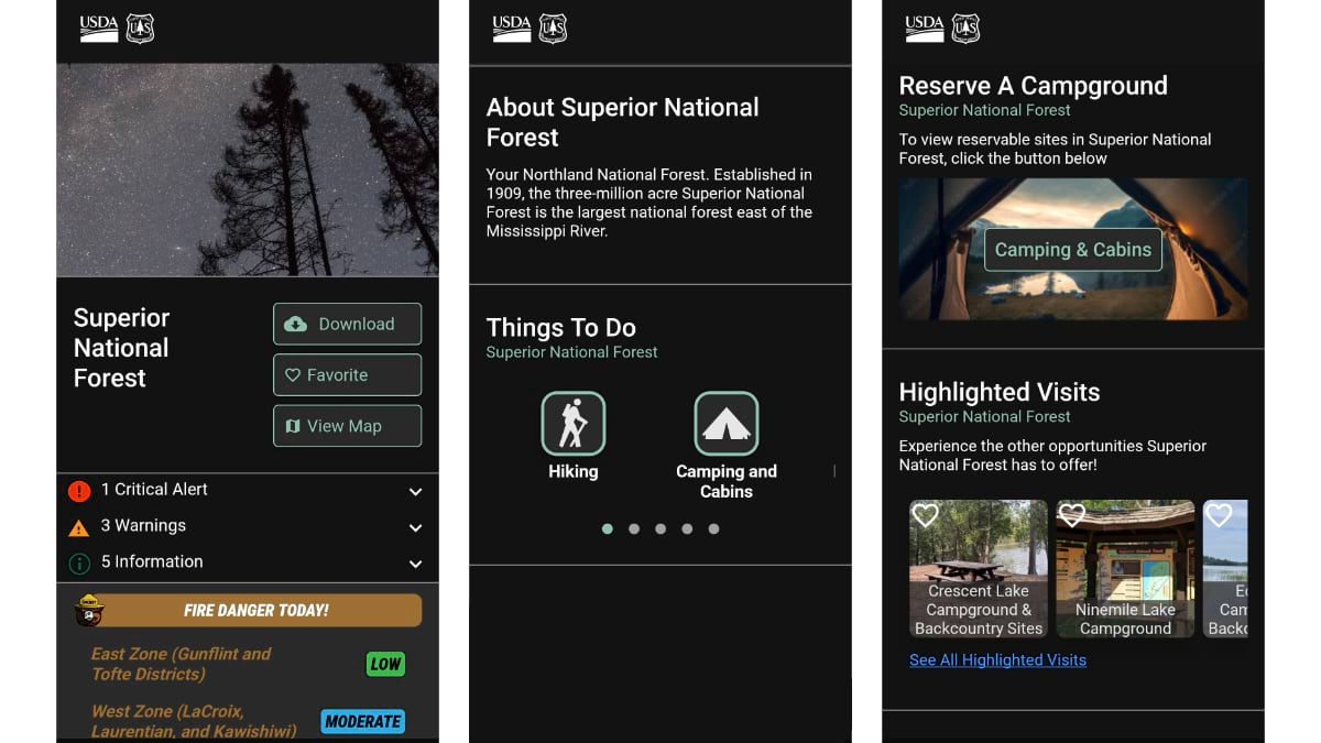 Three app screens showing Superior National Forest overview, activities list, and campground reservation page.