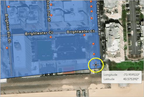 A blue colored map of an area of Brighton Beach, New York