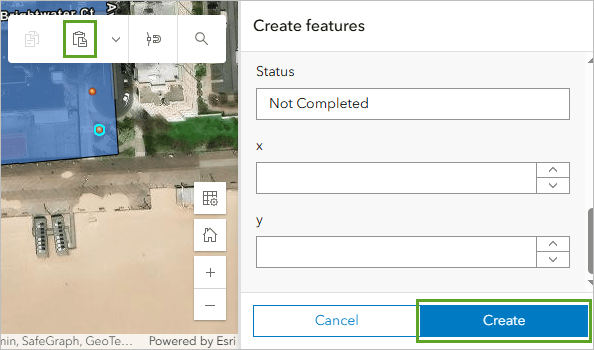 A create features popup window next to a Brighton Beach map
