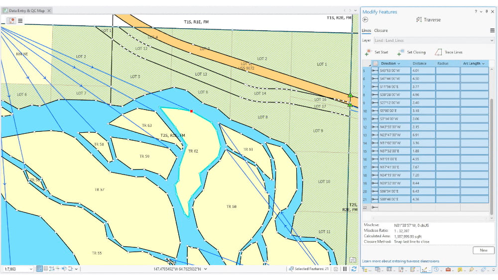 GIS traverse data entry panel alongside a map of island parcels showing bearing and distance inputs for a river traverse boundary.