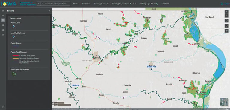 Screenshot of a map of Iowa with public lakes and rivers highlighted in blue and green. A legend on the left describes various fishing layers.