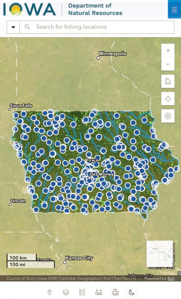 Screenshot of a mobile map of Iowa with rivers and lakes highlighted, covered in blue dots.