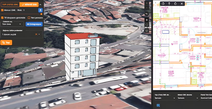 A screenshot of architectural software with two panels: the left shows a 3D building model over an aerial city view; the right displays a detailed floor plan.
