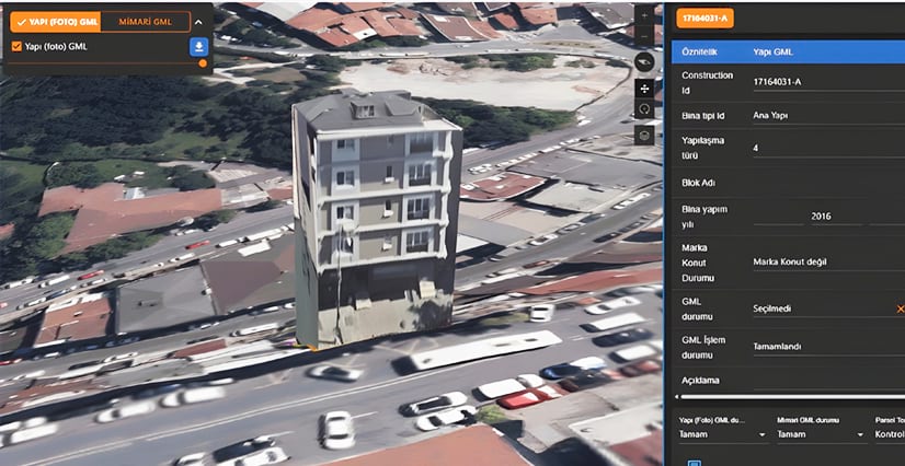 A screenshot of mapping software displaying a 3D aerial view of a multi-story building in a city. A panel on the right shows the building’s attributes in Turkish, including its construction year, 2016.