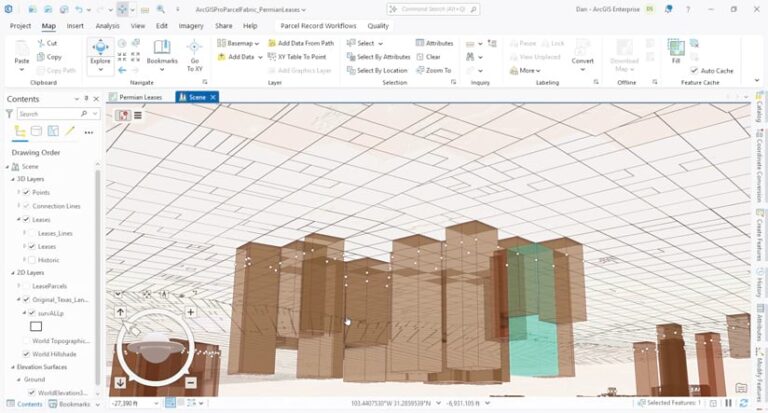 A screenshot of ArcGIS Pro showing a 3D grid with several semi-transparent vertical rectangles jutting underground. One rectangle is highlighted in light blue.