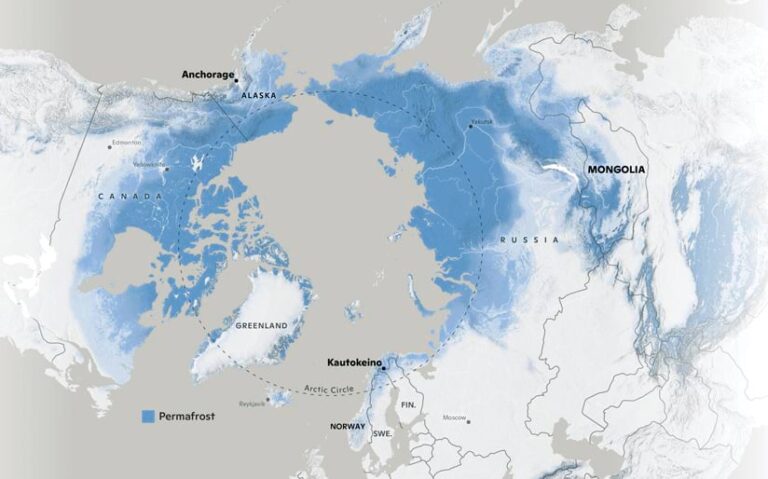 Blue and white map of the northern hemisphere from the top down, with the arctic circle marked as a dotted line. Permafrost is depicted in blue.