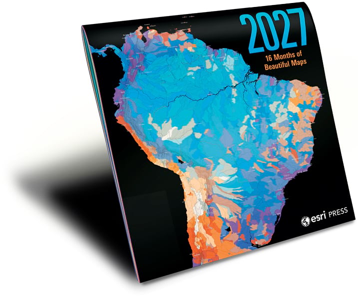 A black calendar with a brightly colored map of South America titled 2027: 16 Months of Beautiful Maps.