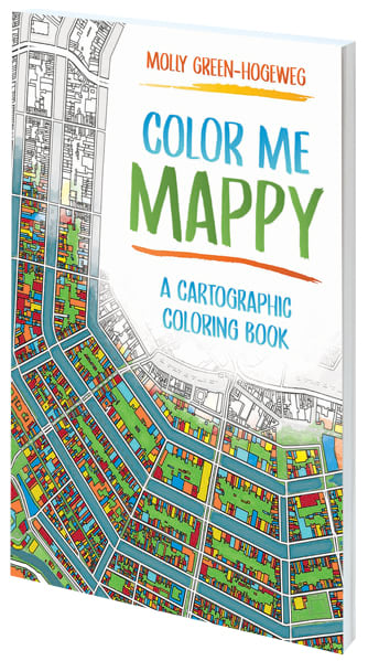 A white book cover with a colorful depiction of a map under the title Color Me Mappy: A Cartographic Coloring Book.