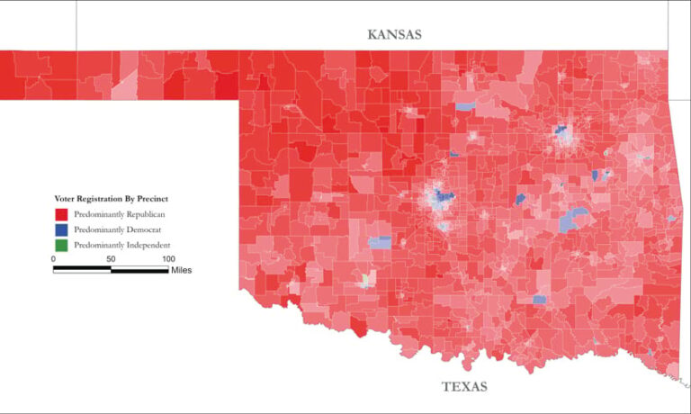 A map of Oklahoma showing voter registration by precinct: red for Republican, blue for Democrat, and green for Independent. Most precincts are red, with blue clusters in urban areas and one small green precinct.