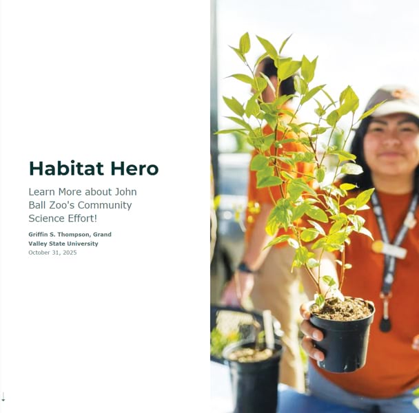 A woman in an orange shirt holds out a potted plant beside a title reading ”Habitat Hero: Learn More about John Ball Zoo’s Community Science Effort!”