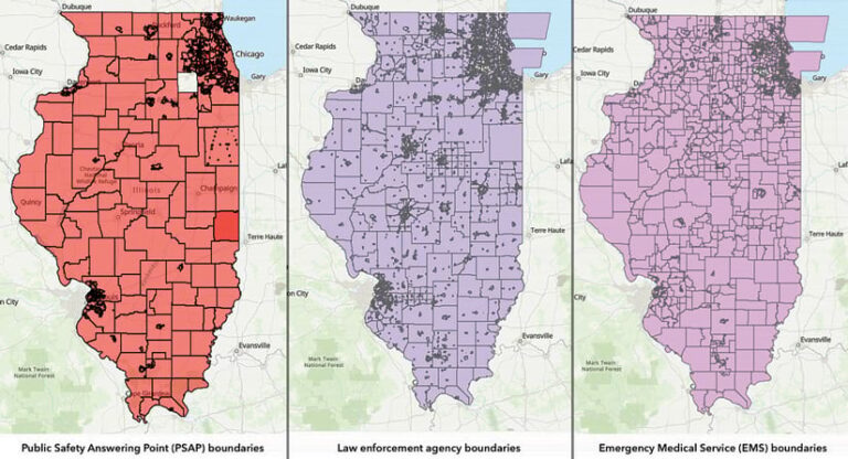 Three side-by-side maps of Illinois compare emergency service boundaries. The first map, in red, displays large Public Safety Answering Point (PSAP) areas.