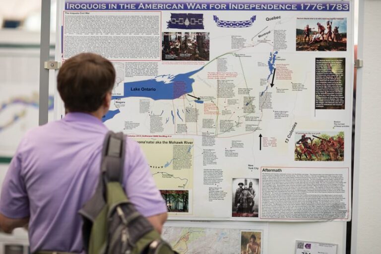 Person staring at a posterboard presentation with various labels and geographic elements, view from behind the person.