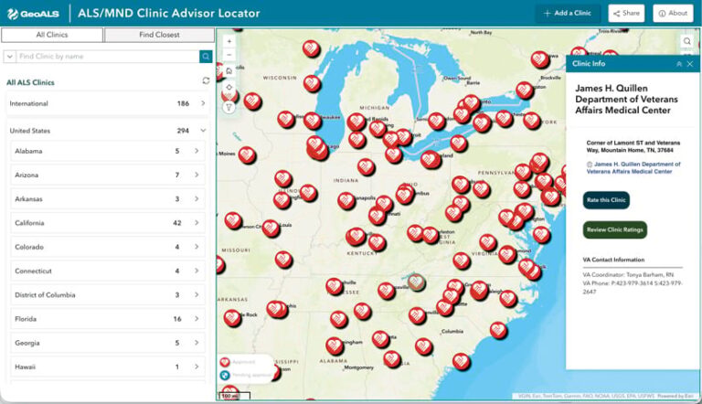 A screenshot of the GeoALS ALS/MND Clinic Advisor Locator website. A map of the United States displays red heart icons marking clinic locations. The left sidebar contains search and filter options, and a pop-up on the right shows details for a selected medical center.