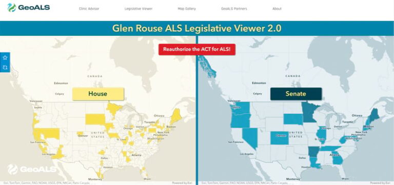 Two side-by-side US maps are shown on the Glen Rouse ALS Legislative Viewer 2.0 webpage. The left map, labeled "House," highlights congressional districts in yellow. The right map, labeled "Senate," highlights states in blue. A red banner between the maps reads, "Reauthorize the ACT for ALS!"