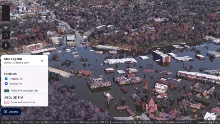 The Cascading Impacts Explorer shows 3D flooding over Biltmore Village