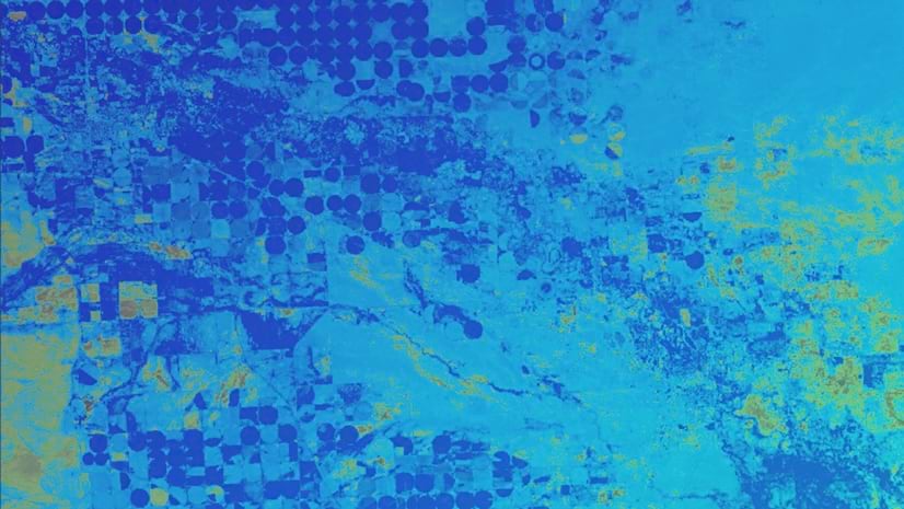 A striking map in shades of blue and green