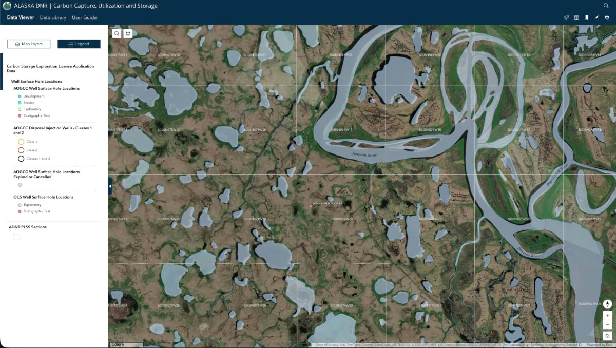 CCUS Hub satellite imagery of wetlands and well points near the Johnson River.