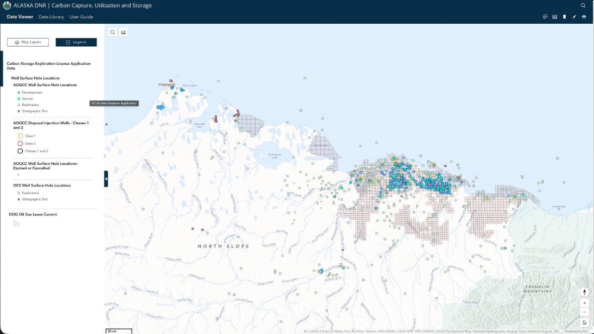 CCUS Hub regional map showing well locations across Alaska's North Slope.