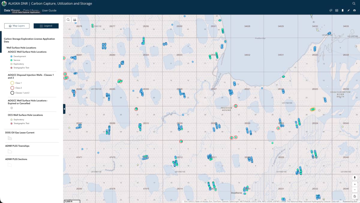 CCUS Hub map showing dense well clusters near Prudhoe Mound, North Slope.