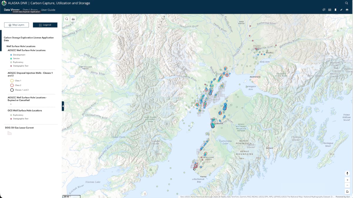 CCUS Hub regional view of Southcentral Alaska and Cook Inlet wells.