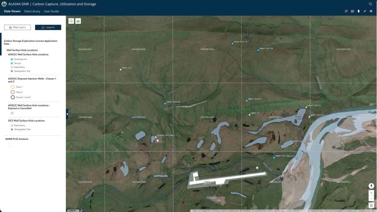 Detailed CCUS Hub satellite imagery showing labeled Umiat test well locations.