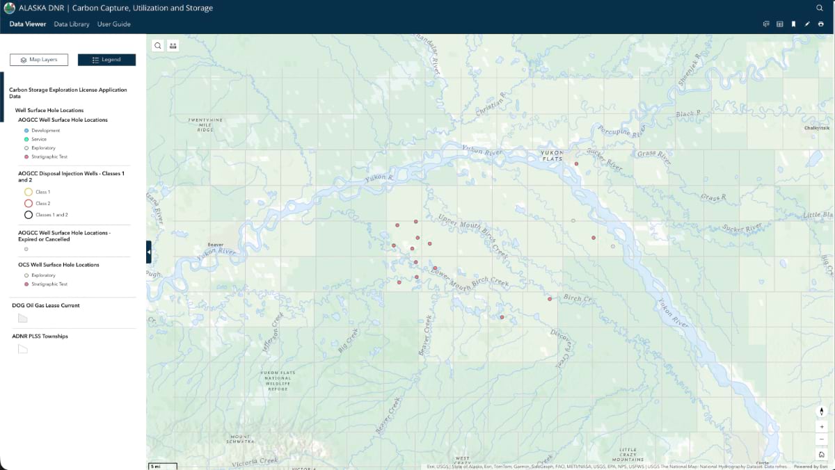 CCUS Hub regional map of stratigraphic test wells scattered across Yukon Flats.