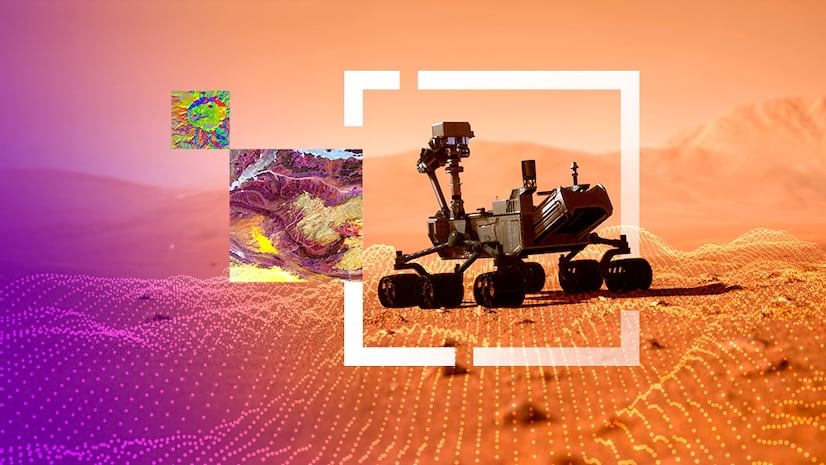 A lunar roving vehicle on a planet with 2 inset images of digital maps