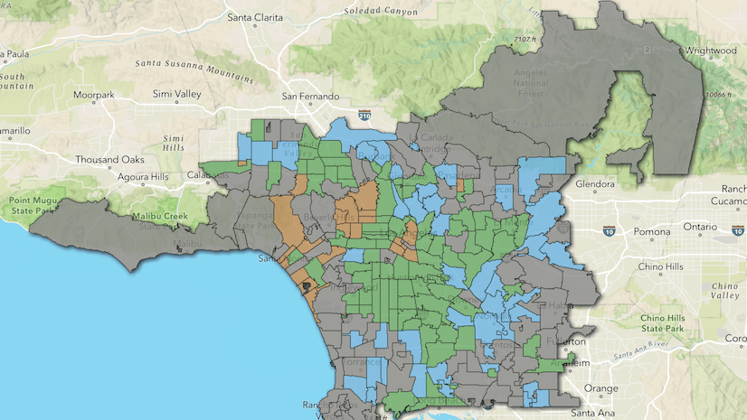 A map of Southern California with regions highlighted in gray, green, blue, and orange