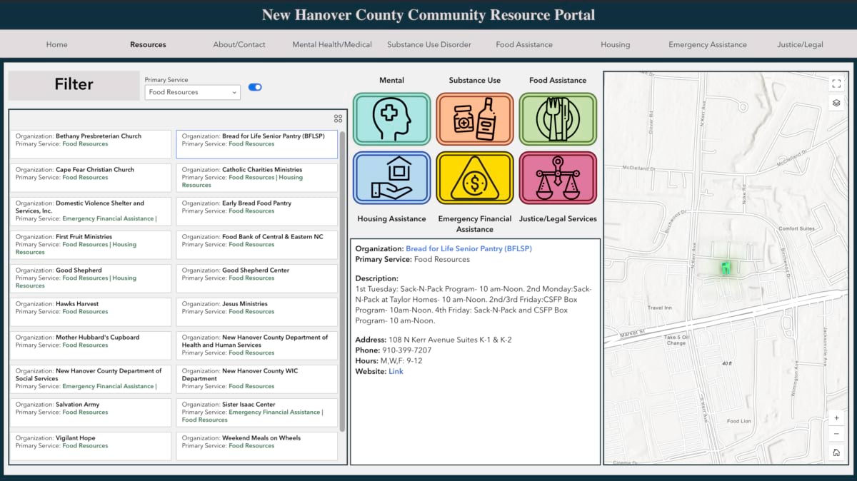 Filtered Community Resource Portal view showing Bread for Life Senior Pantry details and map location.