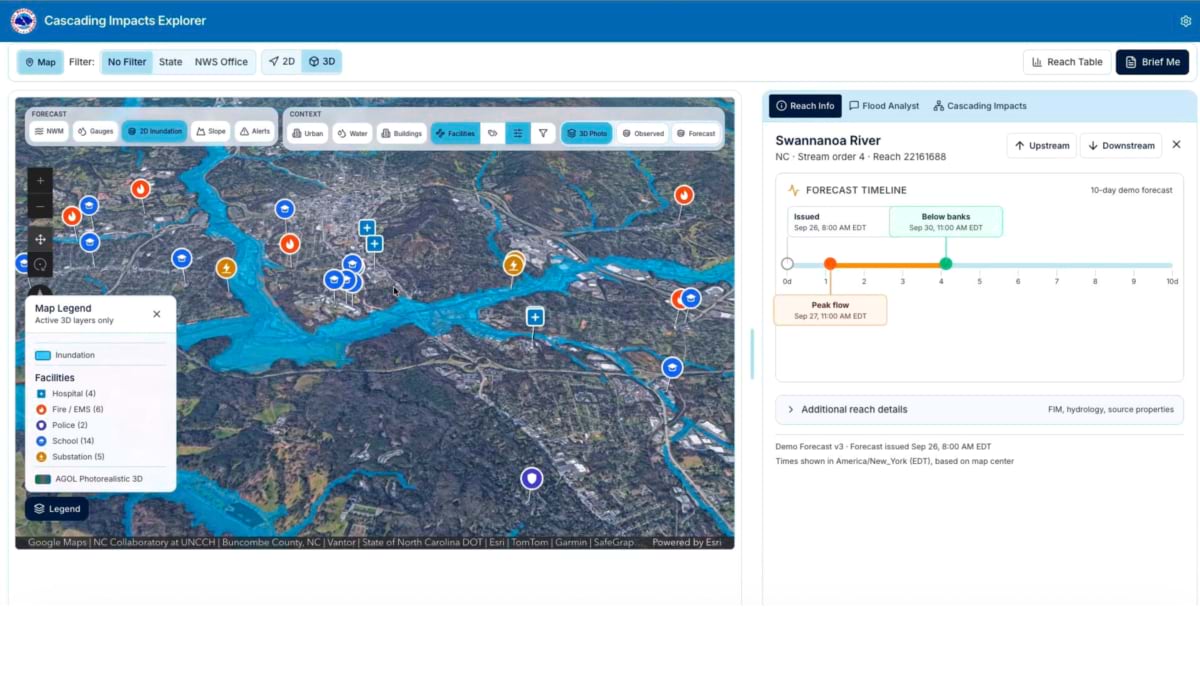 Map of Swannanoa River flood inundation with a forecast timeline showing peak flow and below-banks dates.