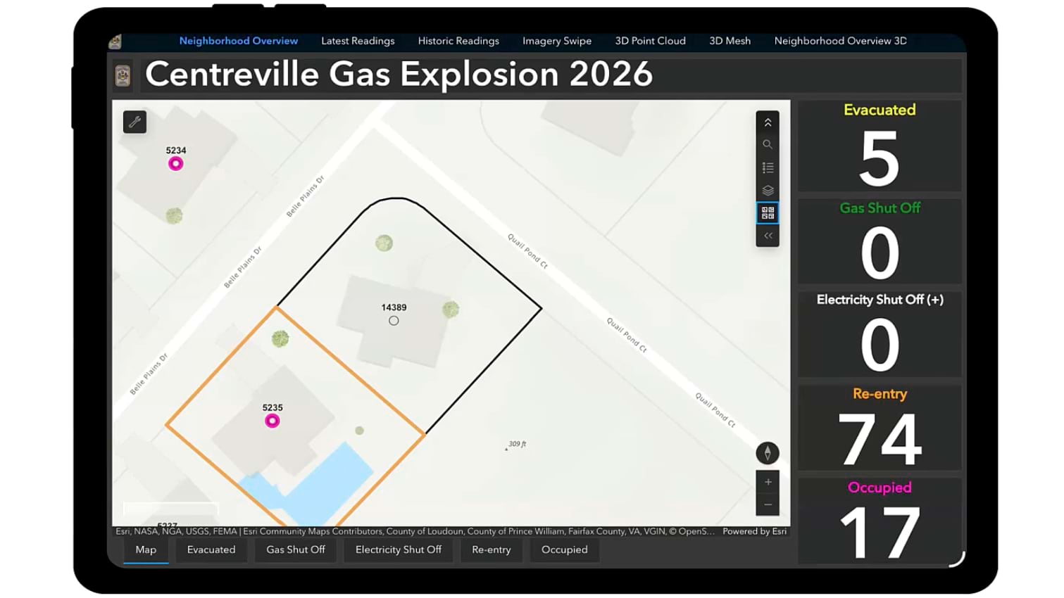 GIS dashboard map showing two highlighted properties with evacuation and utility status counters.