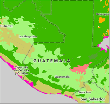 A map of Guatemala with regions colored in different shades of green