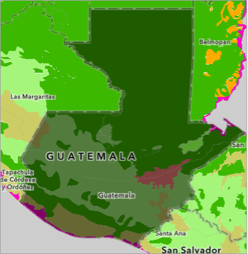 A map of Guatemala in various shades of green and yellow