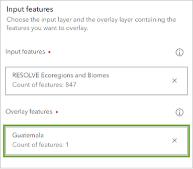 An input features window in Map Viewer with Guatemala highlighted in a green box