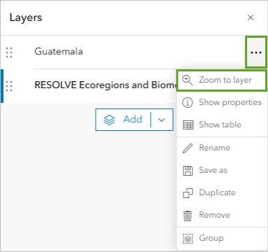 A layers pane in Map Viewer with the option zoom to layer selected in a green box