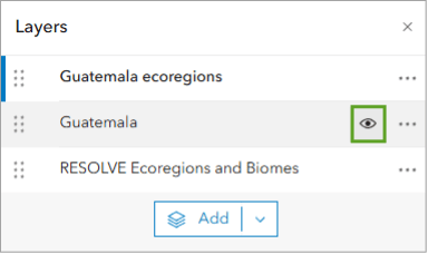 A layer for Guatemala selected in the layers pane in Map Viewer