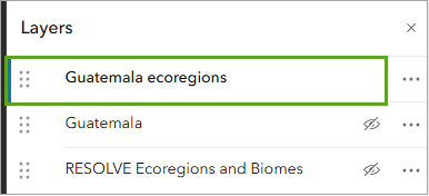 A Guatemala ecoregions layer selected in a green box in the Map Viewer layers pane