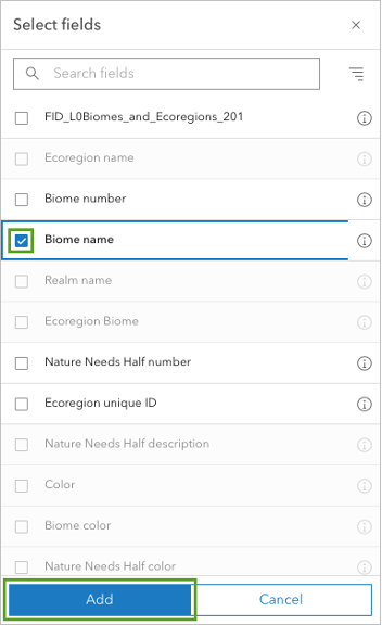A select fields window open in Map Viewer with the option bioname selected in blue