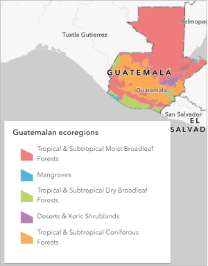 A multicolored map of Guatemala in pink, orange, and green with a popup box of Guatemala ecoregions