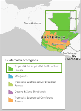 A map of Guatemala with a green square overlayed and a popup window with Guatemala ecoregions