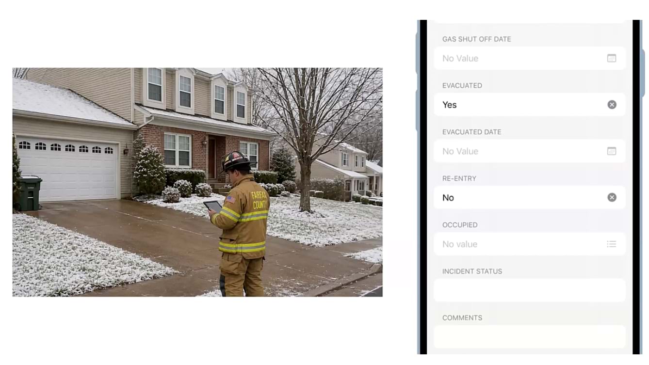 Firefighter in turnout gear holding a tablet outside a snow-dusted home, next to a data entry form screenshot.