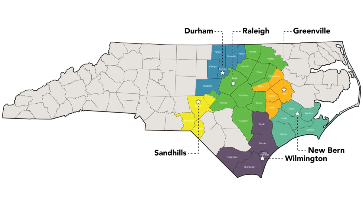 Map of North Carolina showing the food bank's six regional office territories across 34 counties.