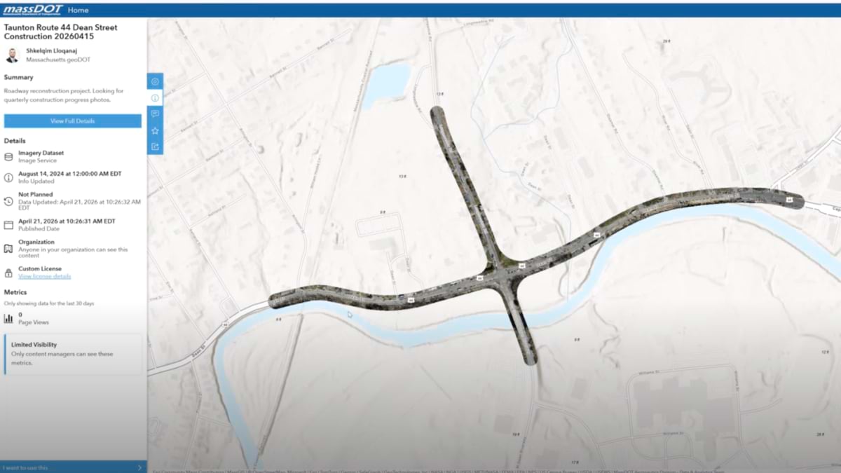 ArcGIS Hub interface displaying a drone imagery dataset of the Taunton Route 44 Dean Street construction corridor overlaid on a street basemap.