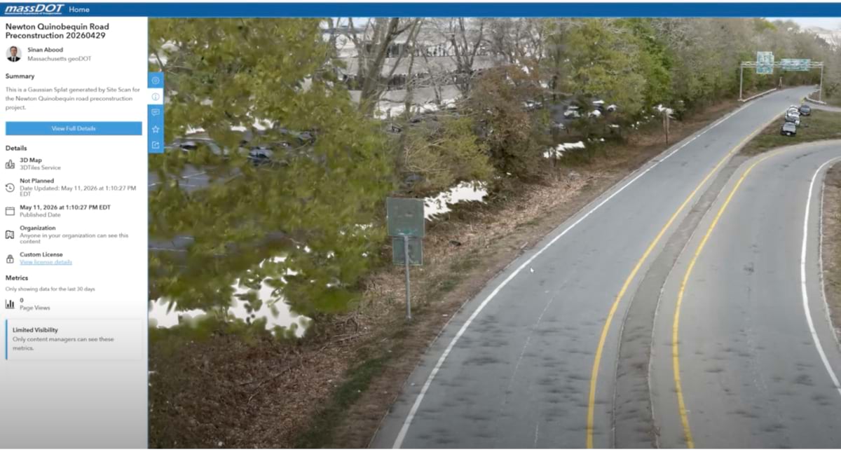 ArcGIS Hub displaying a photorealistic 3D Gaussian Splat of Newton Quinobequin Road, showing a curving roadway surrounded by trees and parked cars.