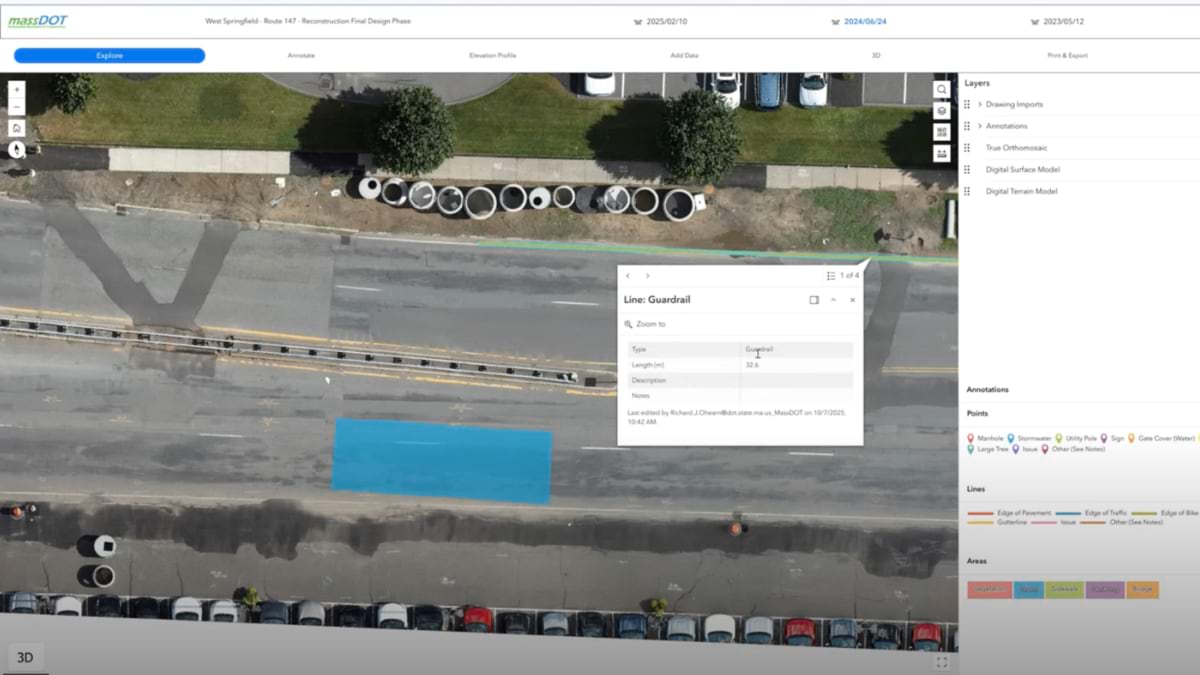 Drone orthomosaic of Route 147 with a guardrail feature callout showing a 32.6-meter measurement, editor name, and timestamp alongside a layers panel.