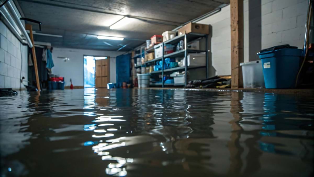 Flooded basement with several inches of standing water reflecting overhead lights and storage shelving.